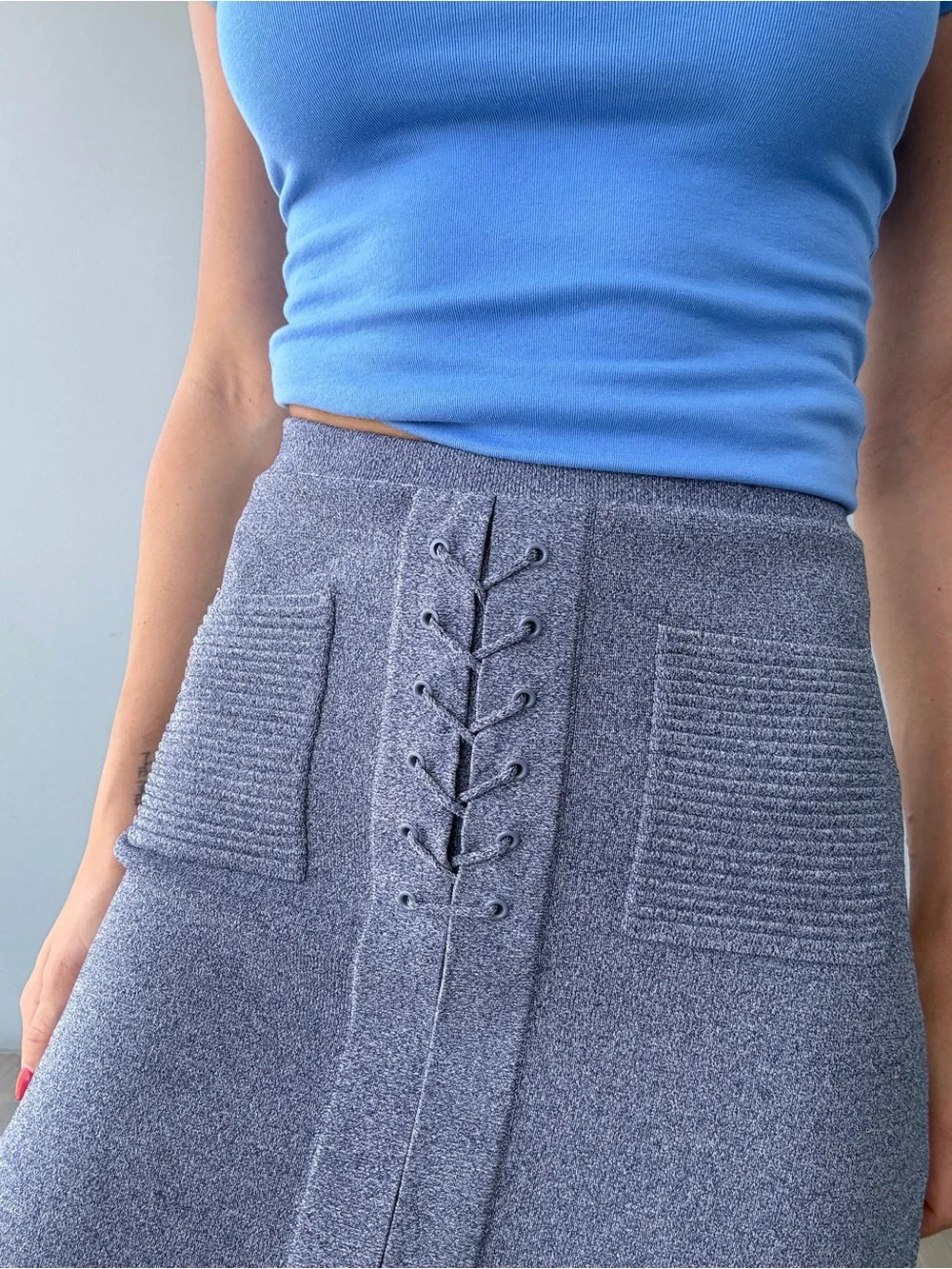 Knit Lace-Up Pocket Skirt in Heather Blue